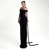 Elegant Graceful Off Neck Braid Pleated High Waist Figure Flattering Sheath